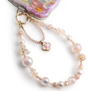 Elegant Pearl and Floral Beaded Phone Wristlet Bracelet